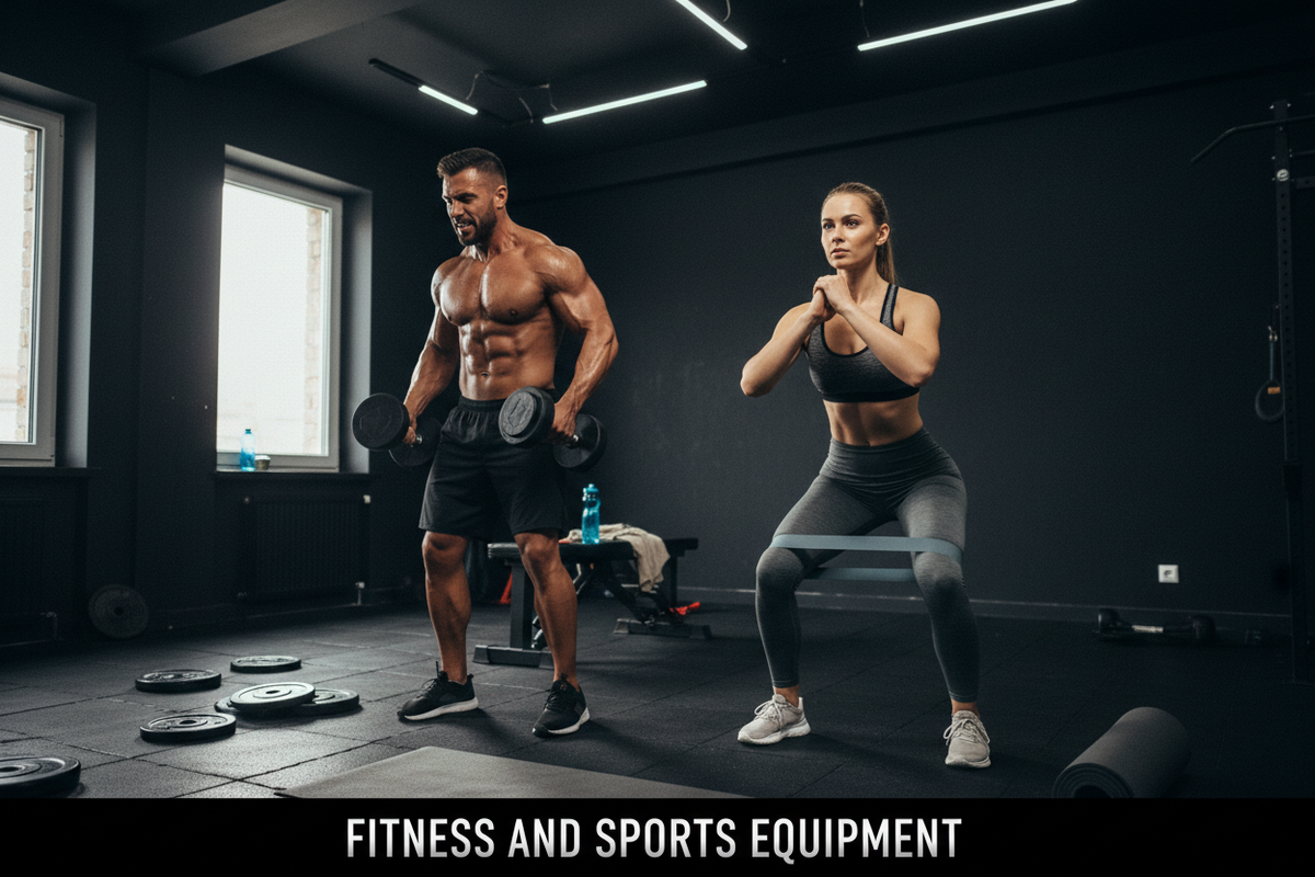 also write on bottom in a stylish font " Fitness and Sports Equipment"