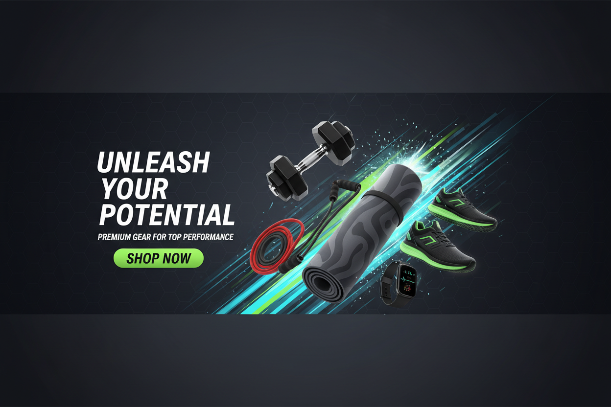{
  "prompt": {
    "task": "Design an image banner",
    "aspect_ratio": "16:9",
    "theme": {
      "color": "dark",
      "mood": "dynamic and energetic"
    },
    "content": {
      "focus": "sports and fitness gear sales",
      "elements": [
        {
          "type": "background",
          "style": "dark gradient or solid color",
          "features": "subtle textures or patterns to add depth"
        },
        {
          "type": "graphics",
          "items": [
            {
              "nam